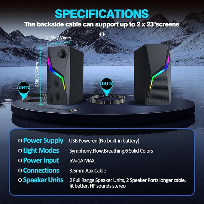 Computer Speakers, PC Speakers for Desktop with 6 Lighting Modes, PC Gaming Accessories, Stereo Sound Desktop Computer Speakers with 2 Bass-Boost Ports, USB Powered 3.5mm AUX Cable