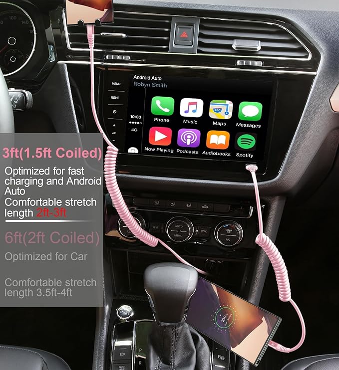 USB C to C Cable 3FT for Car, Coiled USB C Fast Charging Cable for iPhone 17/16/15, 2Pack Type C Cord for iPhone 15/Plus/Pro/Pro Max/Samsung Galaxy S23-Pink