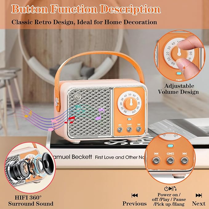 Retro Bluetooth Speaker, Vintage Decor, Wireless Portable Mini Bluetooth Speaker, Small Cute Stylish Vintage Speakers for Kitchen Desk Bedroom Home Office Party Outdoor Gift Orange