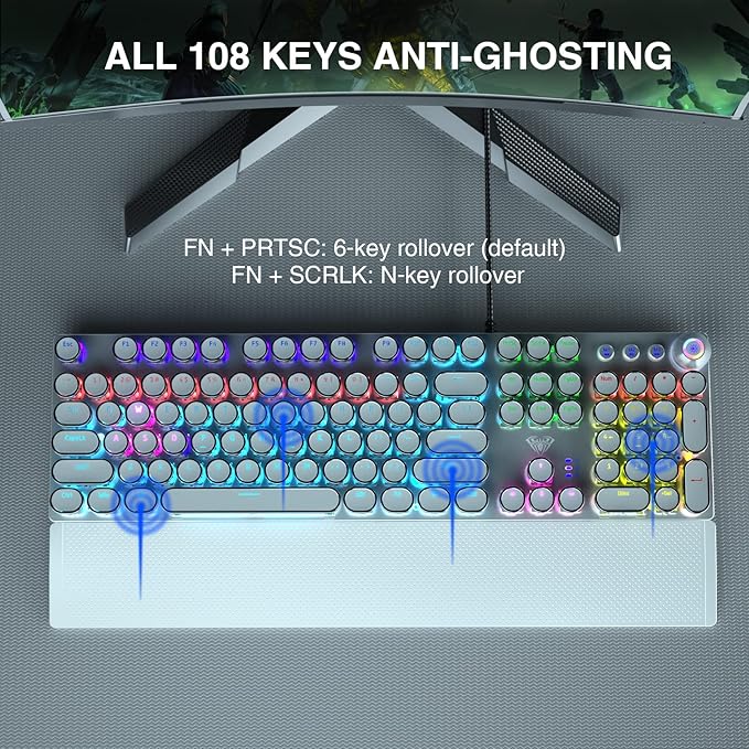 AULA F2088 Typewriter Style Mechanical Gaming Keyboard,Rainbow LED Backlit,Removable Wrist Rest,Media Control Knob,Retro Punk Round Keycaps,USB Wired Computer Keyboard,White