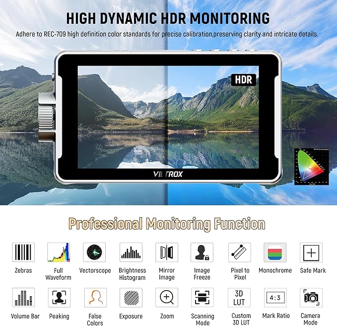 VILTROX DC-V1 Touch Screen Camera Field Monitor, 1920x1080 IPS 5.5 inch DSLR Camera Monitor with Sunshade Hood and Battery, 3D LUT HDR 4K HDMI in/Output Exposure Waveform Focus Assist Video Monitor