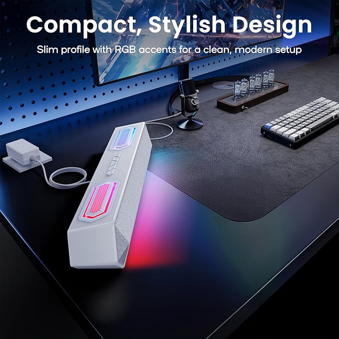 Deeyaple Computer Speakers, 40W Wireless Soundbar for Desktop PC with Bluetooth 5.3 & USB Audio,Software Custom EQ, Dynamic RGB Lighting, External Power Adapter Gaming Speakers, Laptop, Xbox (White)