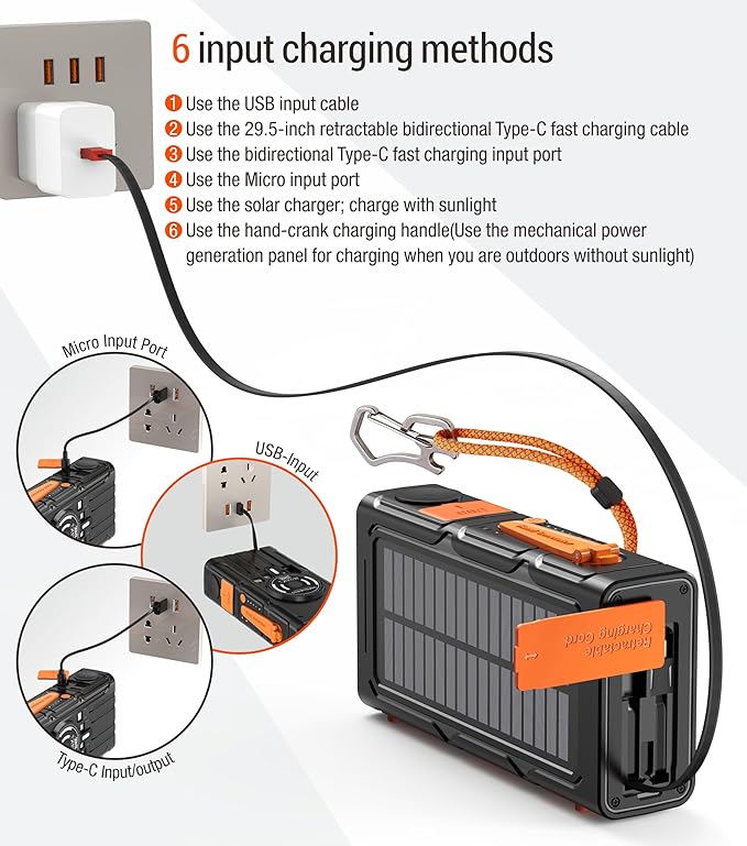 Solar Power Bank Dual Magnetic Wireless Charging, Built-in 2 Retractable Cables & Hand Crank and 22.5W Fast Charge, SOS/Strobe/Strong Flashlights