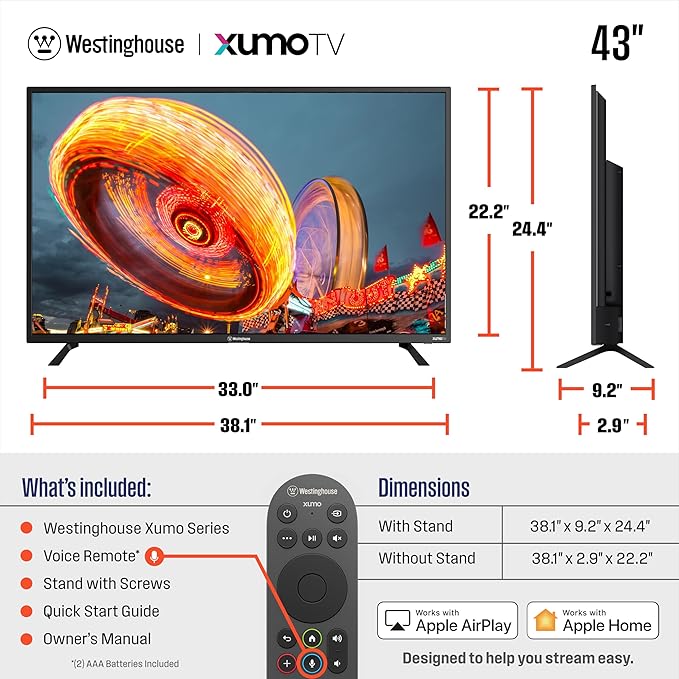 Westinghouse 43-inch Smart TV, FHD 1080P Xumo TV w/Voice Remote, Flat Screen Television w/Dolby Atmos, Blueooth, Apple AirPlay, Wi-Fi & Mobile Connectivity