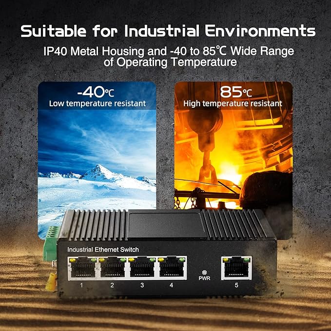 5 Port PoE Industrial Ethernet Switch, 4 POE IEEE802.3af/at, 1 Uplink, 10/100Mbps, Fanless Metal Din Rail and Wall Mount, with One 60W PoE Power Supply