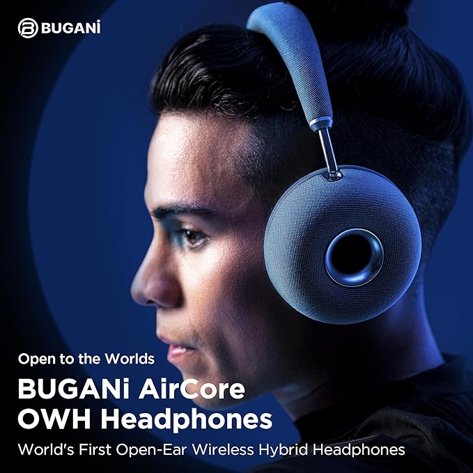 BUGANI AirCore Open-Ear Wireless Headphones: Bluetooth 5.3 Over-Ear Headset with Removable Noise-Canceling Ear Caps, Dual-Driver HiFi Sound, 24H Battery Life Comfortable Fit, Type-C Fast Charging