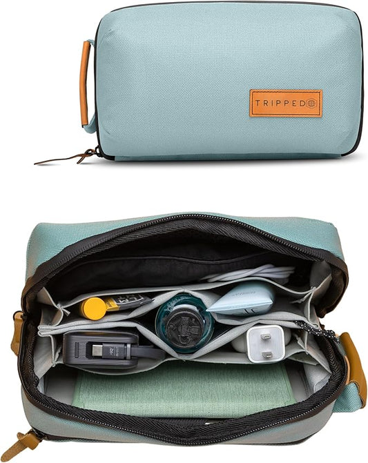 Tech Bag Organizer - Small Electronics Organizer Pouch for Travel - Premium Travel Case with Leather Accents - Mesh Pocket for Cables, Cords and Chargers (Dusty Teal)