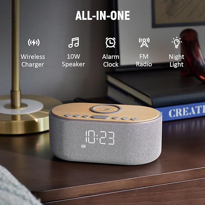 uscce Alarm Clock Bluetooth FM Radio: 10W Stereo Sound Speaker - Fast Wireless Charging for iPhone Samsung - Dimmable Clock Radio for Bedroom