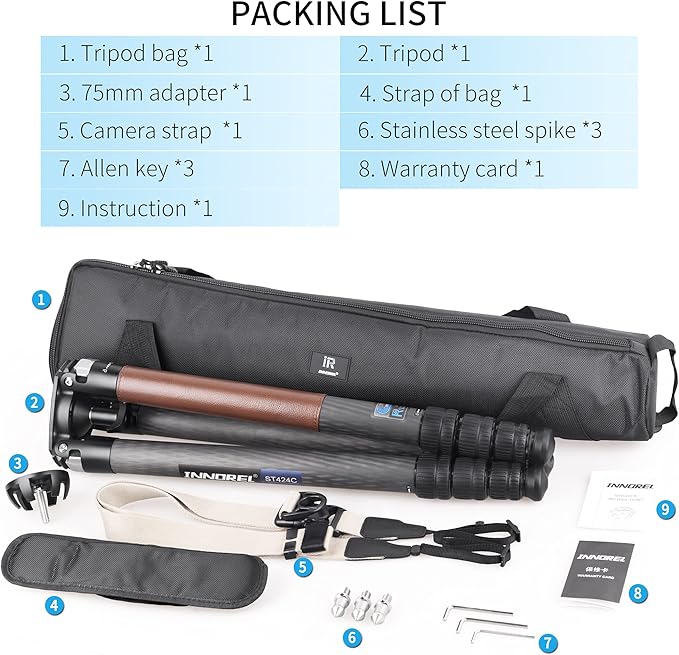 Carbon Fiber Tripod INNOREL ST424C Professional Heavy Duty Camera Stand with 75mm Bowl Adapter 42.4mm Tube, Max Load 92.6lbs/42kg,Max Height 66.9in/170cm for DSLR Camcorder Travel Shooting Bowl Tripod