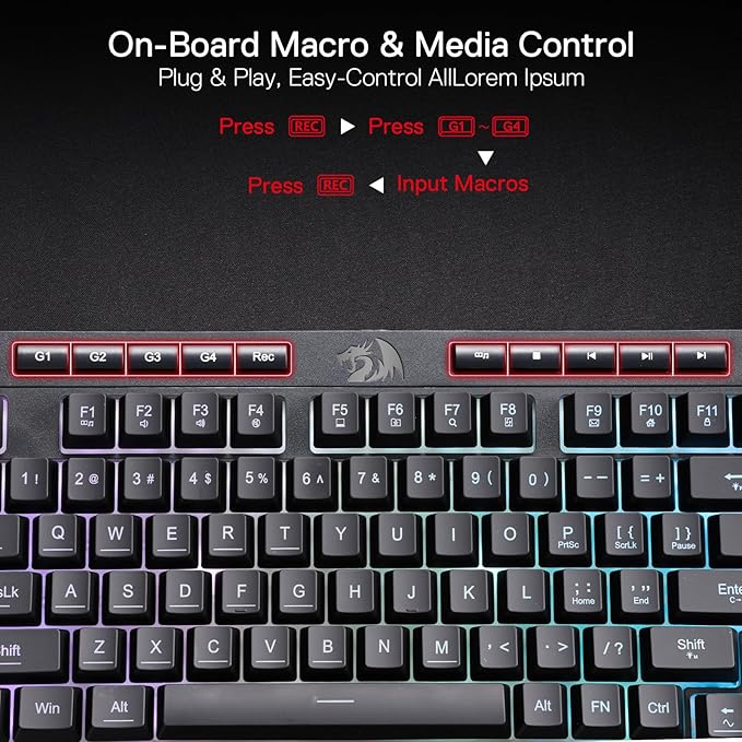 Redragon K515 Shiva Wired RGB Membrane Gaming Keyboard, 98 Keys Mechanical-Feel Keyboard w/Smooth Linear Switch, On-Board Macro & Dedicated Multimedia Keys, Detachable Wrist Rest, Software Supported