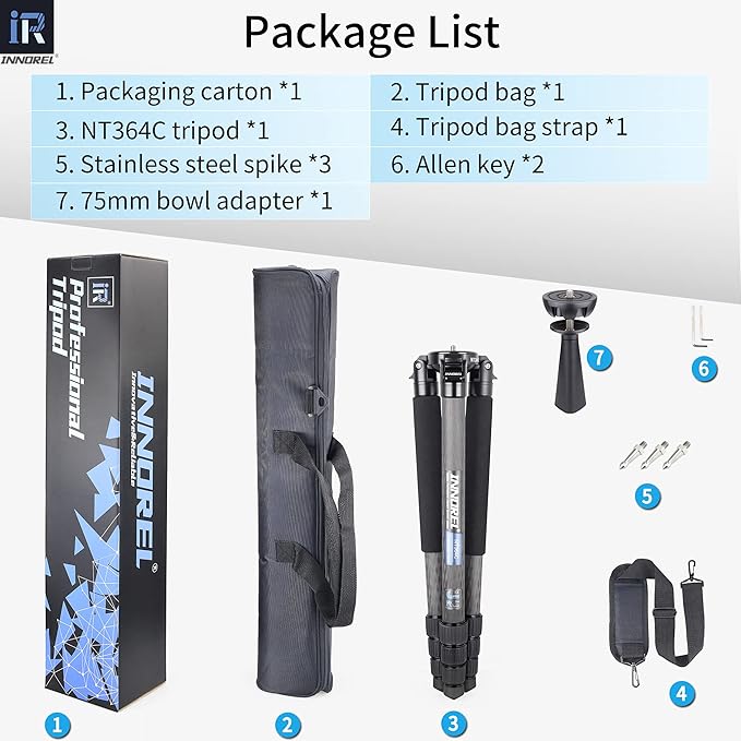 INNOREL NT364C Professional Carbon Fiber Tripod - Heavy Duty Camera Stand, 55lb/25kg Max Load, 75mm Bowl Adapter (Max Tube 36mm)