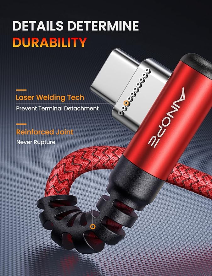 AINOPE USB C Cable 60W 2-Pack 6.6ft Nylon Braided USB C to USB C Cable Type C Charger Fast Charging Right Angle USBC Cable Charger Cord for iPhone 16 Pro Max 15 Plus Samsung S24 S23 iPad Pro Red
