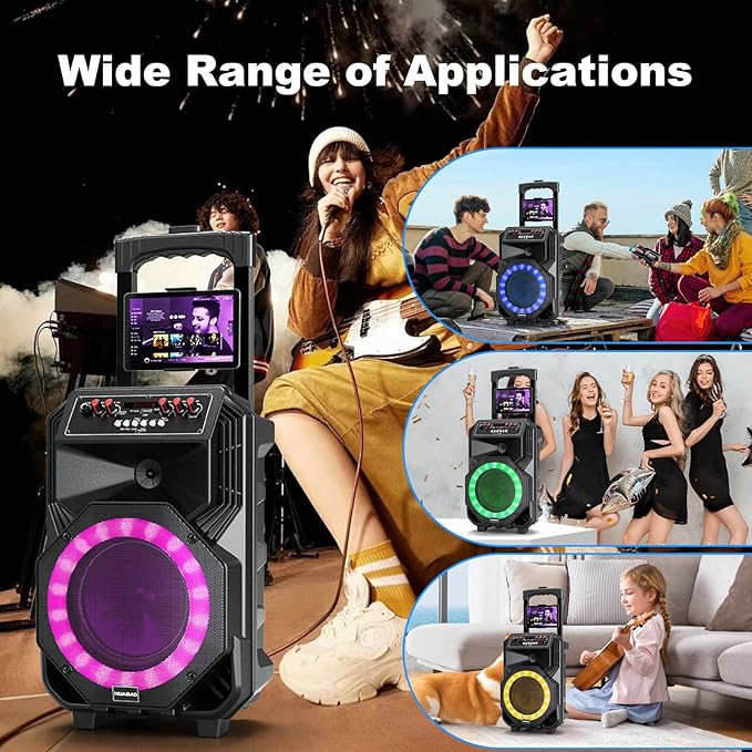 Karaoke Machine with 2 Wireless Microphones, Rolling Wheels, and Trolley – 8800mAh Portable Bluetooth Speaker, PA System with Lights, Adjustable Bass/Treble/Echo for Parties, Indoor and Outdoor Use