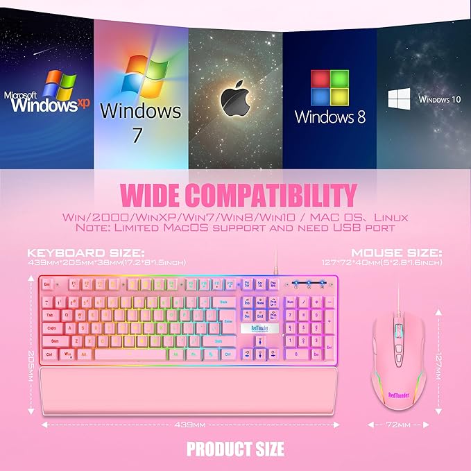 RedThunder K10 Wired Gaming Keyboard and Mouse and Wrist Rest Combo, RGB Backlit, Mechanical Feel Anti-ghosting Keyboard + 7D 7200 DPI Mice+Soft Leather Wrist Rest 3 in 1 PC Gamer Accessories(Pink)