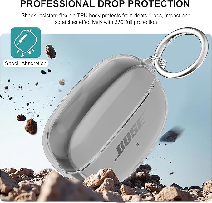 for Bose Ultra Open Earbuds Case Clear 2024,Full Protective Shockproof Soft Transparent TPU Cover for Bose Open Ear Wireless Earbud Headphone Accessories with Carabiner and Cleaning Pen-Black