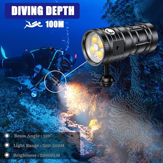 Dive Light for Underwater Photography, 5500Lumens Super Bright Diving Flashlight, 100M Waterproof Underwater Video Light with Type-C Charging, Professional for Underwater Lighting
