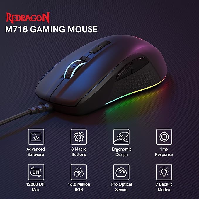 Redragon Wired Gaming Mouse, Black PC Gaming Mice with RGB Backlits, 7 Programmable Macro Buttons, Max 12800 DPI, 1000Hz Polling Rate, Cool Corded Optical Mouse for Computer/PC/Laptop/Gamer, M718-AIR