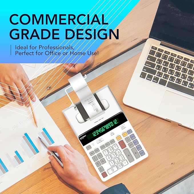CATIGA 12 Digit Thermal Printing Calculator with Tape Print Out, Ink-Free Adding Machine, 3X Faster Quite at 8.0 LPS, Extra Large Fluorescent Display, Tax Calculation with Clock and Calendar, SP-2401