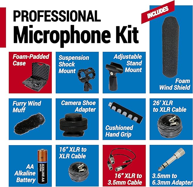 VidPro XM-88 Professional Video & Broadcast Shotgun Microphone Kit, 13-Piece, XLR, Aluminum Alloy, for Recording, Live Streaming, Music, Speaking, Interviews