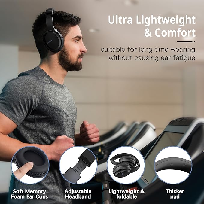 AMORNO Bluetooth Headphones Over Ear, 68 Hours Playtime Wireless Headphones with Mic, Foldable Adjustable Lightweight HiFi Stereo Headset for Cellphone/PC/Work/Travel/Home/Office (Black)