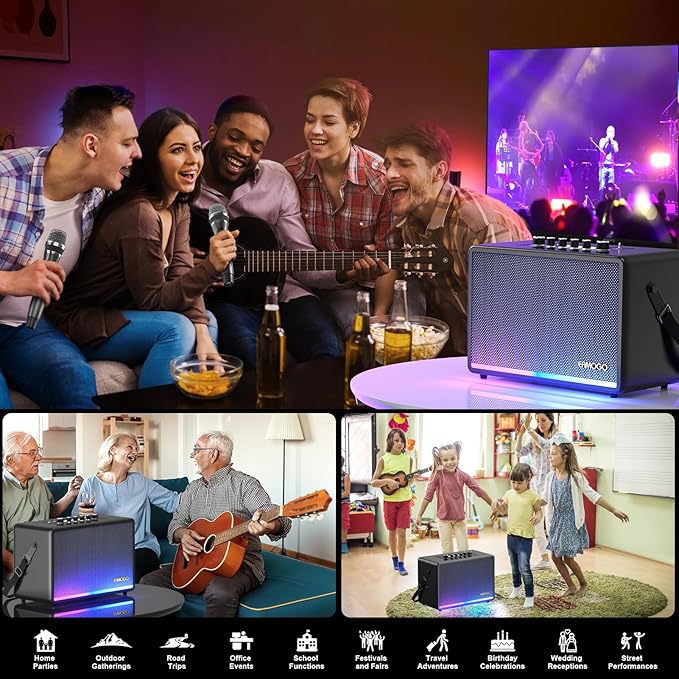 Portable Bluetooth Speaker with 2 Wireless Mics | 70W Peak Deep Bass Birchwood Cabinet | Bluetooth PA System for Outdoor Camping, Backyard| Dynamic LED Lights, USB/AUX/OTG, Rechargeable Battery(Black)