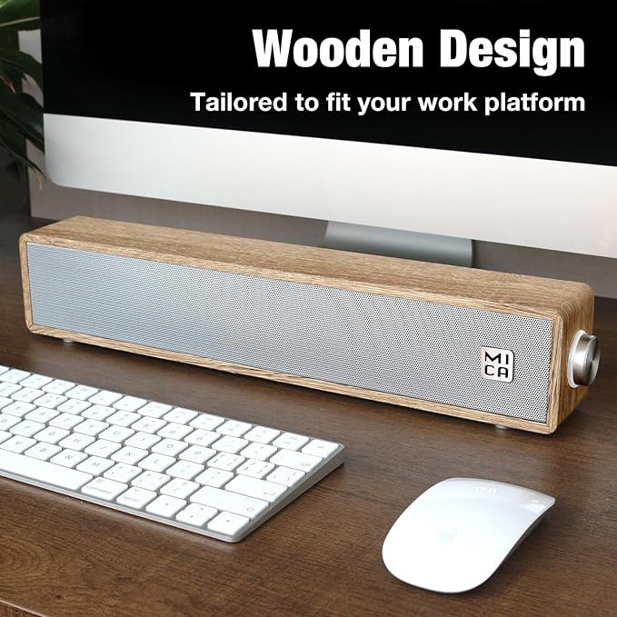 MICA Computer Speakers, Wired Computer Sound Bar, Wooden Mini Soundbar, USB Powered PC Speakers 3.5mm AUX & PC Input (Yellow)