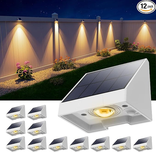 12 Pack Solar Powered Fence Lights Outdoor Waterproof with Warm White LED Spot Lens, for Outside Pool Cage, Patio, Yard, Rail, Garage, Adhesive Designed for Easy Mounted (White Shell)