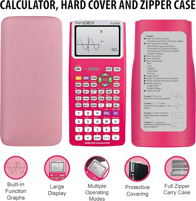 Scientific Calculator with Graphing, Includes Carrying Case, for College and High School Students, Calculus, Algebra, Geometry, Trigonometry, Statistics, Physics, Chemistry, Pink