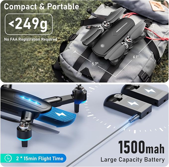 Drone with Camera, Mini Drone for Kids with 1080P HD FPV Camera, Brushless Motor, One Key Take Off/Land, Altitude Hold, 360°Flip, Waypoint Fly, Gestures Selfie, 3 Speed, 2 Battery, Toys for Beginners