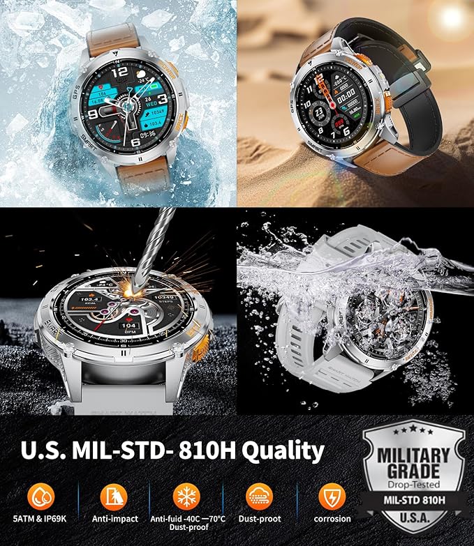 LIGE GPS Smart Watch for Men, 1.43" AMOLED/LED Flashlight/Compass Smartwatch, IP68 Waterproof/Swim Mode/Pedometer/100+ Sports Mode Fitness Tracker, Military Smart Watches for Android iOS Compatible