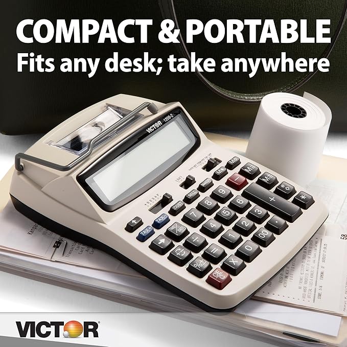Victor Printing Calculator, 1208-2 Compact and Reliable Adding Machine with 12 Digit LCD Display, Battery or AC Powered, Includes Adapter,White