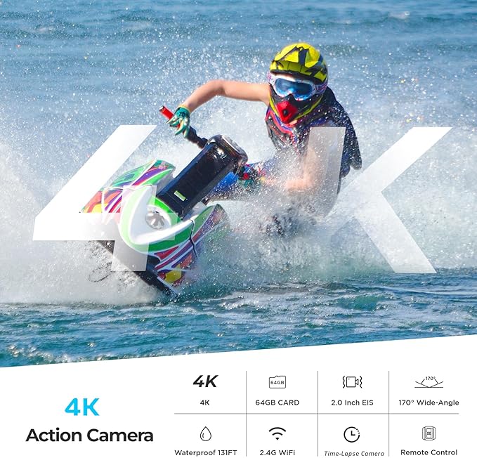 Action Camera 4K30FPS with 64G SD Card 131FT UnderwaterCamera,20MP Sports Camera 170° Waterproof Camera with WiFi,Remote Control,Mounting Kit