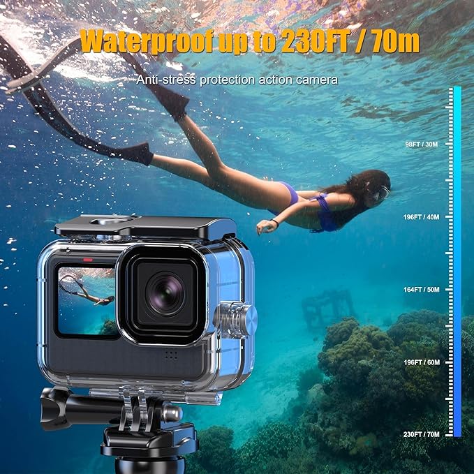 Waterproof Case with Dive Filters for GoPro Hero 13 /Hero 12 /Hero 11 /Hero 10 /Hero 9 Black, 230FT/70M Underwater Protective Housing Dive Kit, Professional Action Camera Dive Accessory
