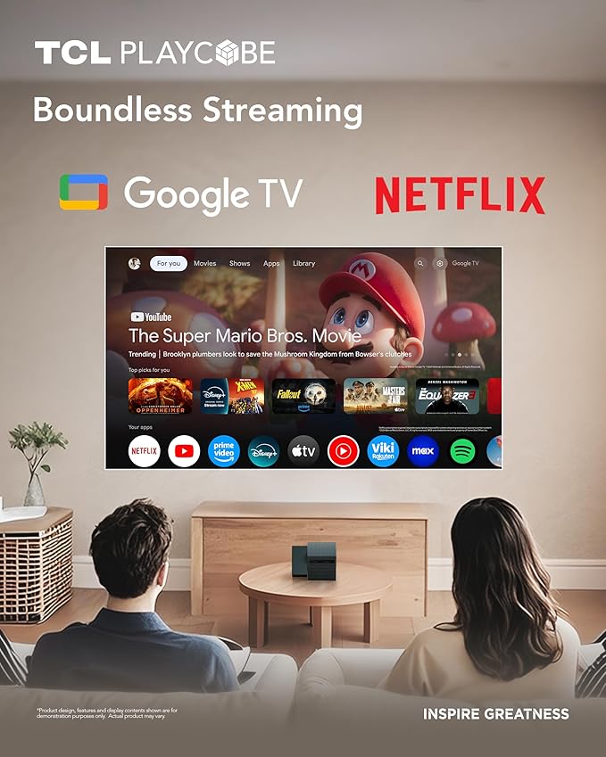 TCL PlayCube 1080P FHD DLP Projector, GTV Portbale Projector with Netflix Certified, 750 ISO Lumens, 4K Supported, 3h Playtime with Built-in 66Wh Battery, Up to 150'' Screen, Auto Focus & Keystone