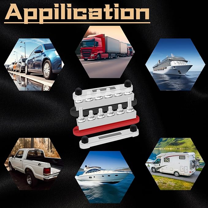 650A 12V-48V Bus Bar Marine Power Distribution Block with Cover with 6 x 3/8”Post,Battery Bus Bar (Pair,Red & Black),Automotive Busbars 12 Volt for Car Boat Solar Wiring