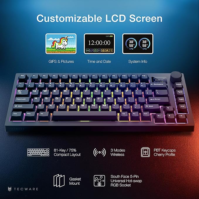 TECWARE Spectre 75% RGB Mechanical Gaming Keyboard with Customizable LCD Screen, Multi-Function Knob, Gasket Mount, South Face 5-Pin Universal Hot-Swappable Sockets Black Cocoa Brown Switch