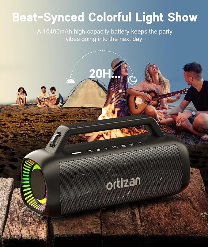 Ortizan Portable Bluetooth Speaker Loud, 80W Peak, Bass Up, 20H Playtime, IPX7 Waterproof, RGB Lights, Wireless Stereo Pairing, BT5.3, USB-C, Subwoofer Outdoor Speaker for Camping, Beach, Backyard