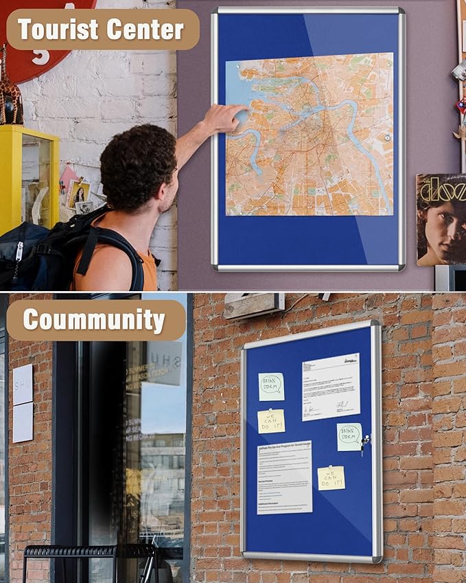 38"x28" Enclosed Bulletin Board, Lockable Weather-Resistant Aluminum Cork Noticeboard for School & Office, Silver Frame w/Blue Flet