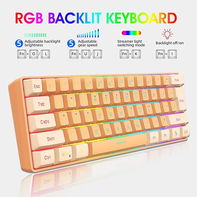 Snpurdiri 60% Wired Gaming Keyboard, RGB Backlit Ultra-Compact Mini Keyboard, Waterproof Mini Compact 61 Keys Keyboard for PC/Mac Gamer, Typist, Travel (Cream and Orange)