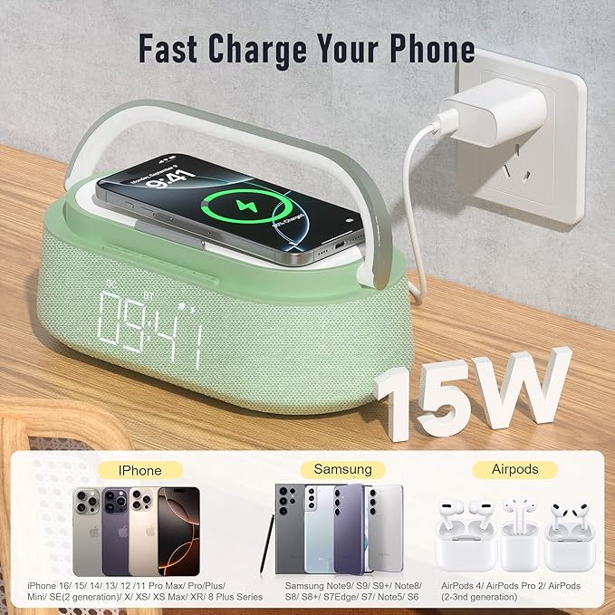 FREEFISH Bluetooth Speaker with Fast Wireless Charger,FM Radio,Touch LED Night Light,Phone Holder,Snooze, Portable Wireless Speaker for Bedrooms Office Home, Gifts