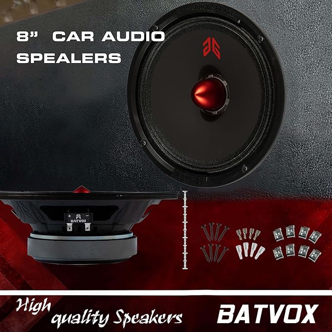 MX80E1 Midrange Loudspeaker 8" Red Bullet, 560W Max, 6 Ohms, Premium Quality Audio Door Speakers for Car or Truck Stereo Sound System, Black (2 Speaker)