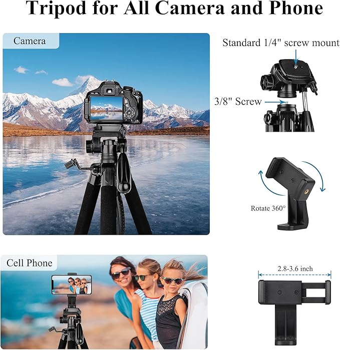 VICTIV 74” Camera Tripod, Tripod for Camera and Phone, Aluminum Professional Tripod Stand for Canon Nikon with Carry Bag and Phone Holder, Compatible with DSLR, iPhone, Spotting Scopes, Max Load 9.5Lb
