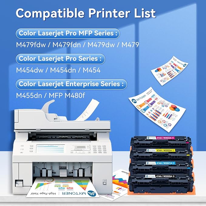 414A Toner Cartridges 4 Pack MFP M479fdw with Chip Compatible Replacement for HP 414A 414X for Color Laserjet Pro MFP M479fdw M479fdn M479dw M454dw M454dn M479 Printer Ink W2020A W2020X High Yield