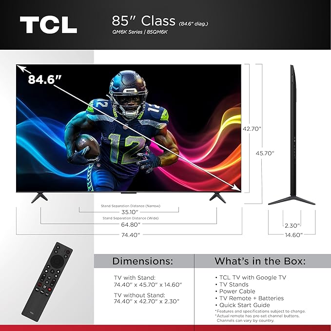 TCL 85-Inch Class QM6K Series QD-Mini LED 4K UHD Google Smart TV Best Value Mini-LED TV - QLED, 144hz, 288hz Gaming Rate, High Contrast Screen, Onkyo Audio, Dolby Atmos (85QM6K, 2025 Model)