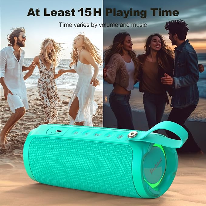 Bobtot Portable Bluetooth Speaker, IPX6 Waterproof Speaker with Punchy Bass, 15W Loud Sound, RGB, 15H Playtime, Dual Pairing for Party, Camping, Beach, Green