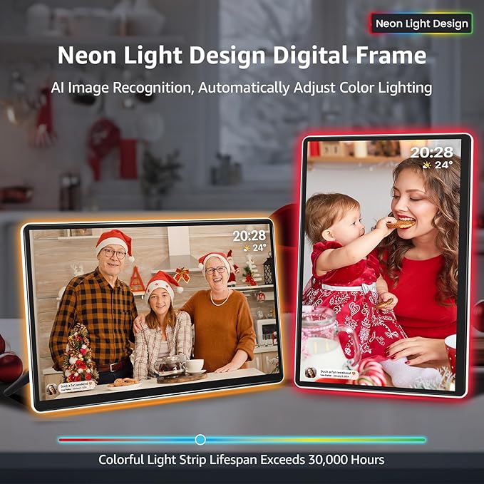 ApoloSign Neon Light Digital Picture Frame - 14" 2K FHD Display | AI Color-Changing LED Strip Digital Photo Frame | Quick Share Photos/Videos, Easy Setup in Frameo App | Best Digital Frame for Gifting