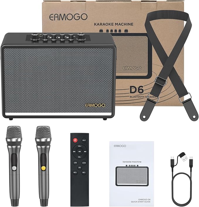 Portable Bluetooth Speaker with 2 Wireless Mics | 70W Peak Deep Bass Birchwood Cabinet | Bluetooth PA System for Outdoor Camping, Backyard| Dynamic LED Lights, USB/AUX/OTG, Rechargeable Battery(Black)