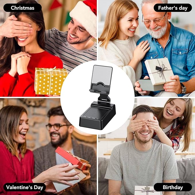 Multifunctional Cell Phone Stand with Wireless Bluetooth Speaker and Anti-Slip Base, HD Stereo Compatible with Multiple Devices, Tech Gadgets Gifts for Men/Women/Parents/Child (Black)