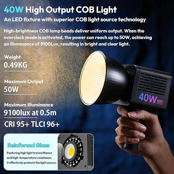 ULANZI 40W Pro RGB Portable LED Video Light w DC Power Adapter, 3400mAh Build-in Battery Metal Mini Adjustable Color Temperature COB Continuous Output Lighting Handheld Spotlight 2500K-6500K for Video