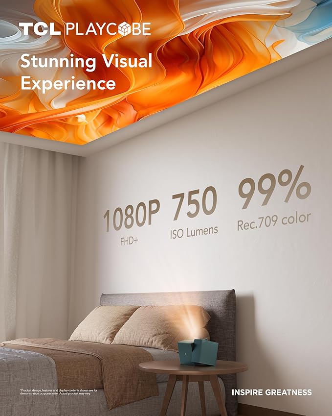 TCL PlayCube 1080P FHD DLP Projector, GTV Portbale Projector with Netflix Certified, 750 ISO Lumens, 4K Supported, 3h Playtime with Built-in 66Wh Battery, Up to 150'' Screen, Auto Focus & Keystone